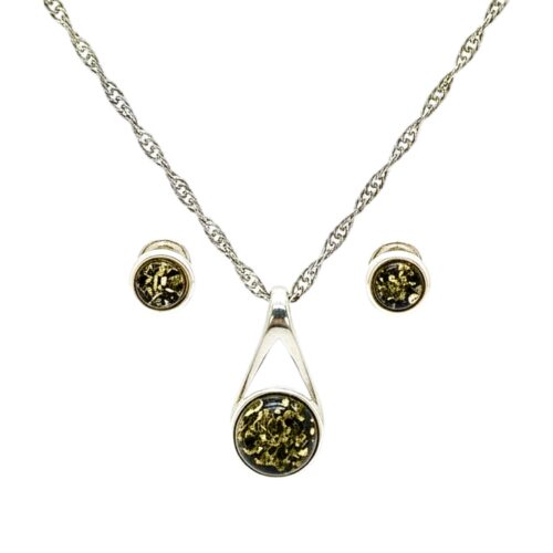 Delikatny komplet - Kolczyki i wisiorek srebrny z zielonym bursztynem