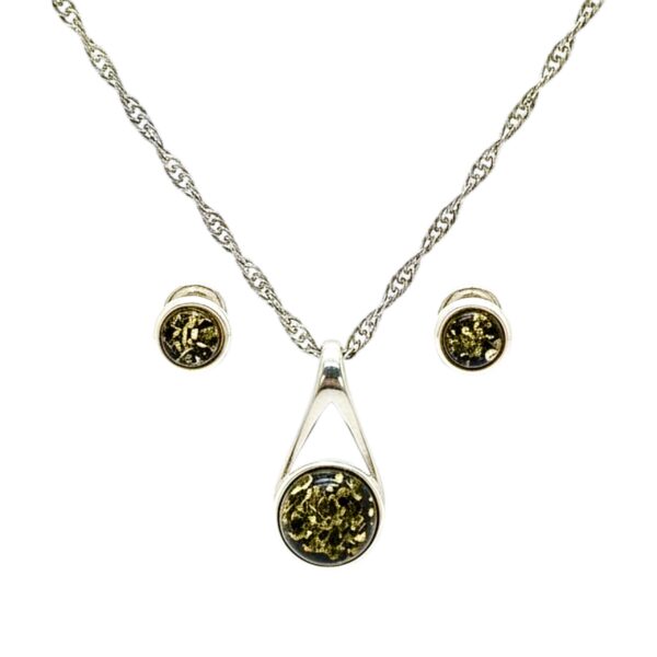 Delikatny komplet - Kolczyki i wisiorek srebrny z zielonym bursztynem