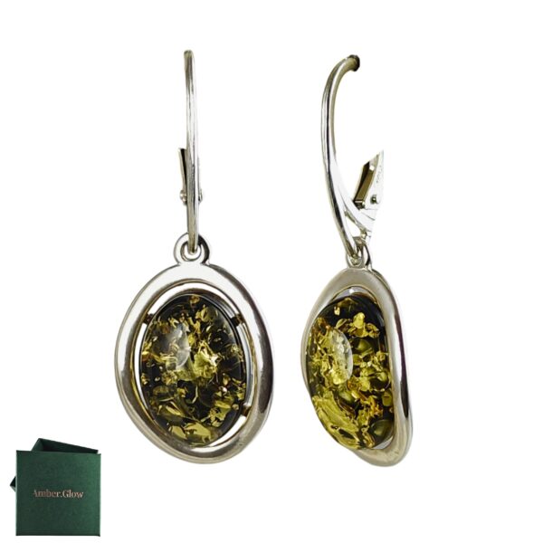 Kolczyki srebrne z dużym zielonym bursztynem - wiszące