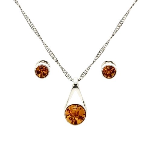 Delikatny komplet - Kolczyki i wisiorek srebrny z koniakowym bursztynem