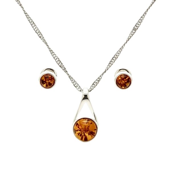 Delikatny komplet - Kolczyki i wisiorek srebrny z koniakowym bursztynem