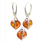 SREBRNE KOLCZYKI WISIOREK z Bursztynem SERCE Komplet serca NA PREZENT Ag925