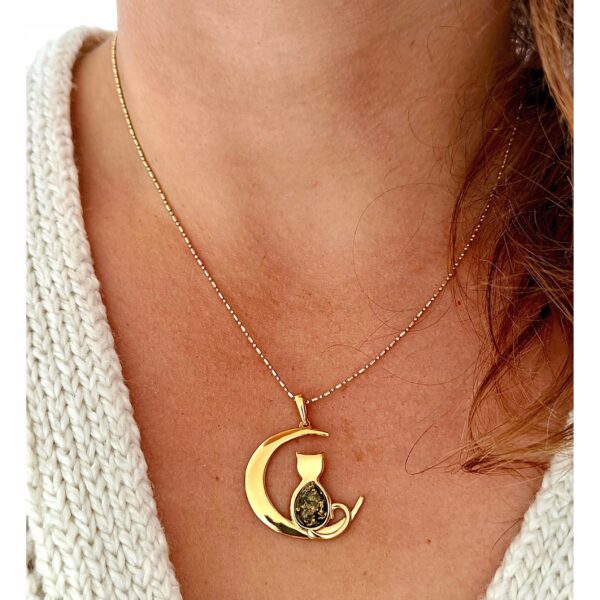 WISIOREK ZŁOTY z CERTYFIKOWANYM Bursztynem KOT Piękny Srebro Pozłacane 925