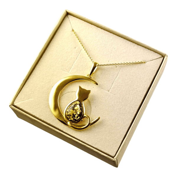 WISIOREK ZŁOTY z CERTYFIKOWANYM Bursztynem KOT Piękny Srebro Pozłacane 925