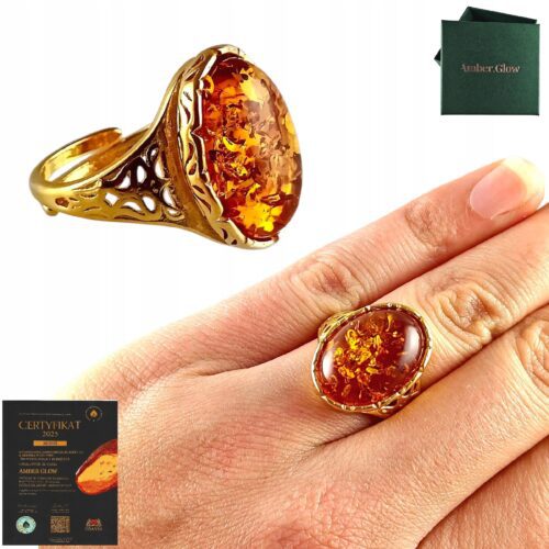 PIERŚCIONEK ZŁOTY REGULOWANY z CERTYFIKOWANYM BURSZTYNEM Srebro Pozłacane