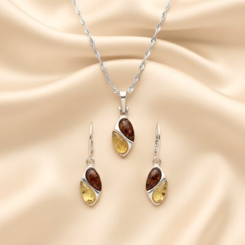 KOMPLET KOLCZYKI WISIOREK Z CERTYFIKOWANYM BURSZTYNEM PIĘKNY SREBRO 925