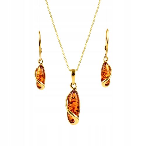 KOMPLET ZŁOTY Kolczyki Wisiorek z CERTYFIKOWANYM Bursztynem PIĘKNY SREBRO