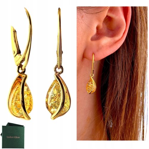 KOLCZYKI ZŁOTE Z CERTYFIKOWANYM BURSZTYNEM WISZĄCE SREBRO POZŁACANE PIĘKNE