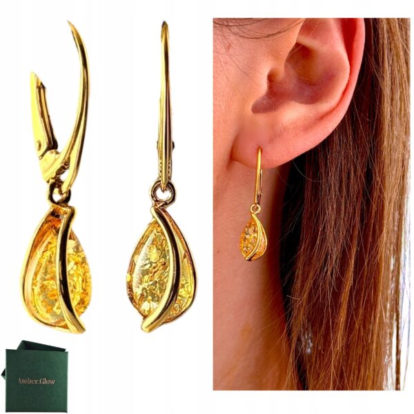 KOLCZYKI ZŁOTE Z CERTYFIKOWANYM BURSZTYNEM WISZĄCE SREBRO POZŁACANE PIĘKNE