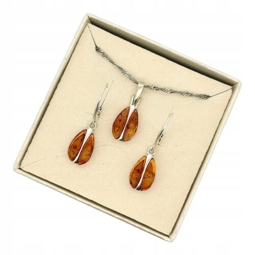 KOMPLET KOLCZYKI WISIOREK Z CERTYFIKOWANYM BURSZTYNEM PIĘKNY SREBRO 925