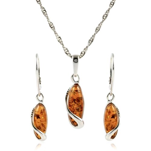 KOMPLET Kolczyki Wisiorek z CERTYFIKOWANYM Bursztynem PIĘKNY SREBRO 925