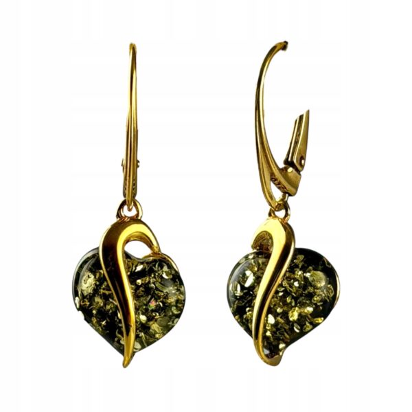 ZŁOTE KOLCZYKI WISIOREK z CERTYFIKOWANYM BURSZTYNEM SERCE KOMPLET SREBRO