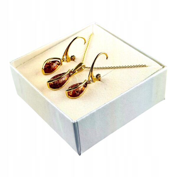 KOMPLET Kolczyki Wisiorek ZŁOTY CERTYFIKOWANYM Bursztynem SREBRO POZŁACANE