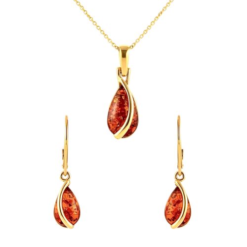 KOMPLET Kolczyki Wisiorek ZŁOTY CERTYFIKOWANYM Bursztynem SREBRO POZŁACANE