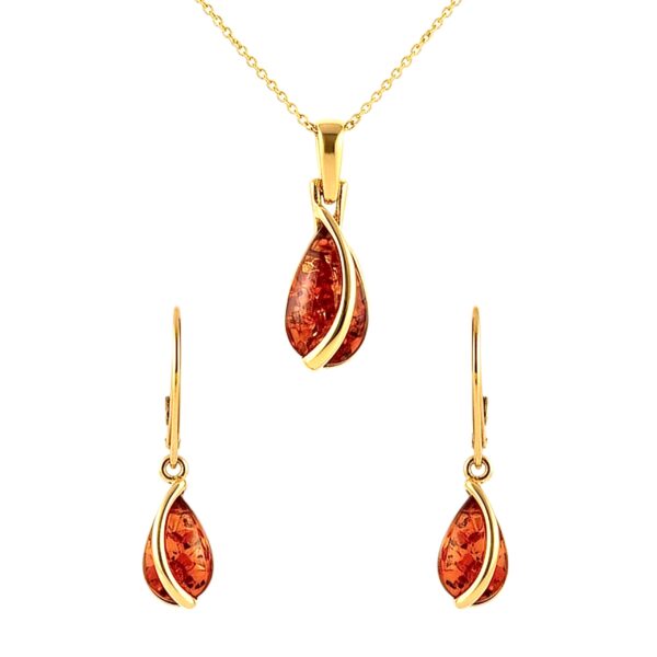 KOMPLET Kolczyki Wisiorek ZŁOTY CERTYFIKOWANYM Bursztynem SREBRO POZŁACANE