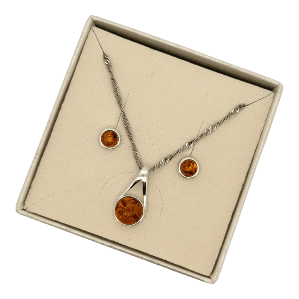 Delikatny komplet - Kolczyki i wisiorek srebrny z koniakowym bursztynem