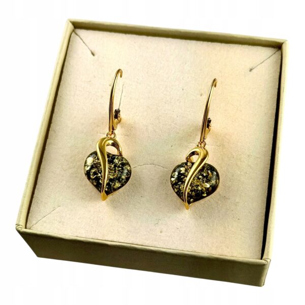 ZŁOTE KOLCZYKI WISIOREK z CERTYFIKOWANYM BURSZTYNEM SERCE KOMPLET SREBRO