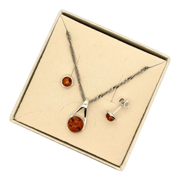 Delikatny komplet - Kolczyki i wisiorek srebrny z koniakowym bursztynem