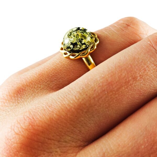 PIERŚCIONEK ZŁOTY REGULOWANY Z CERTYFIKOWANYM BURSZTYNEM - OKRĄGŁY - SREBRO POZŁACANE 925