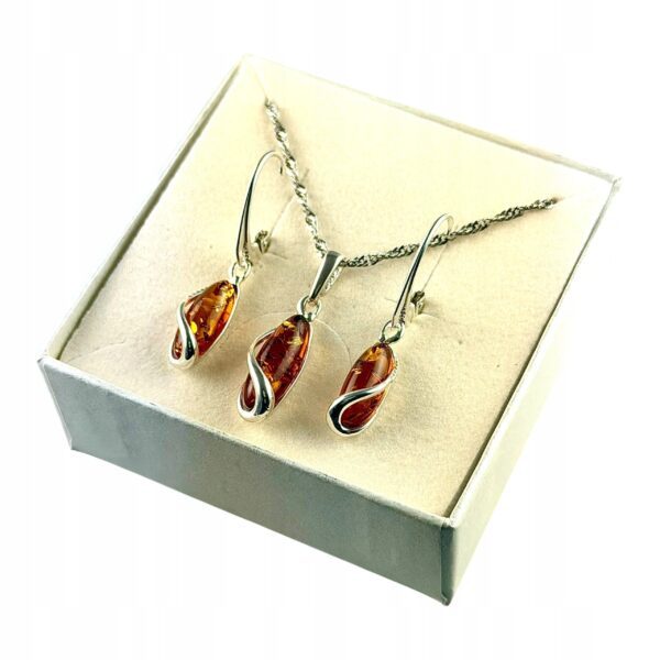 KOMPLET Kolczyki Wisiorek z CERTYFIKOWANYM Bursztynem PIĘKNY SREBRO 925
