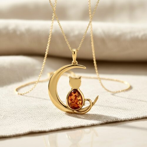 WISIOREK ZŁOTY z CERTYFIKOWANYM Bursztynem KOT Piękny Srebro Pozłacane 925