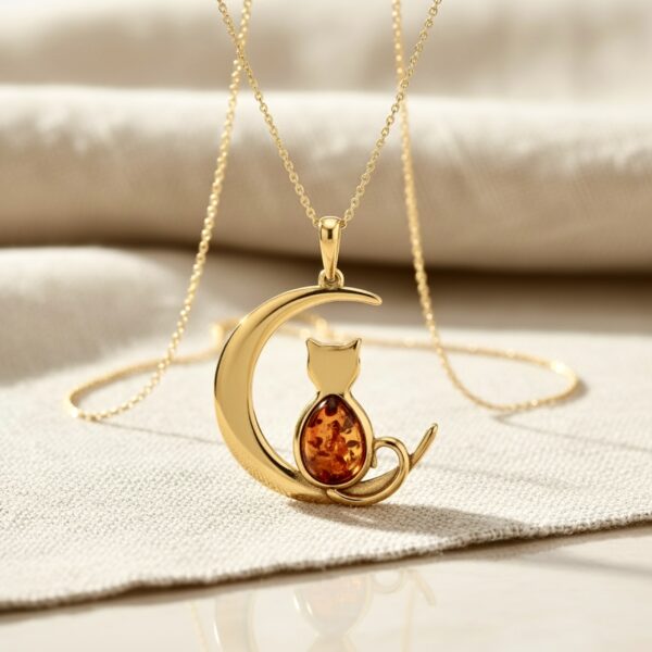 WISIOREK ZŁOTY z CERTYFIKOWANYM Bursztynem KOT Piękny Srebro Pozłacane 925