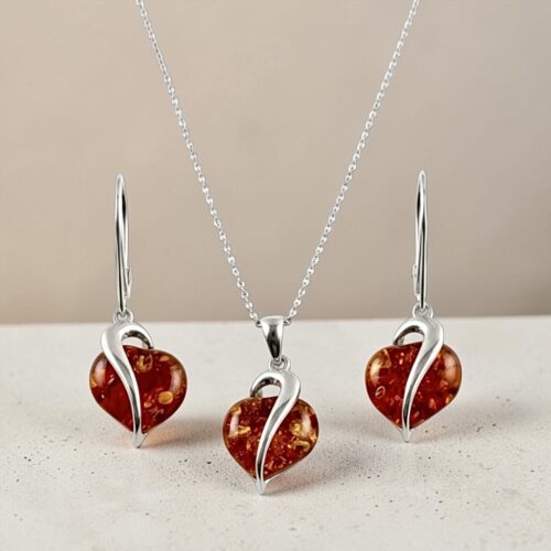 SREBRNE KOLCZYKI WISIOREK z Bursztynem SERCE Komplet serca NA PREZENT Ag925