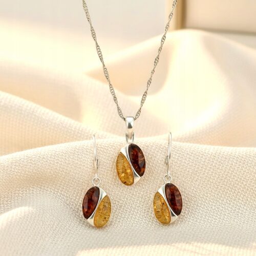 KOMPLET KOLCZYKI WISIOREK Z CERTYFIKOWANYM BURSZTYNEM PIĘKNY SREBRO 925