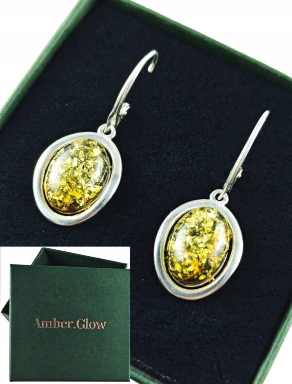 Kolczyki srebrne z dużym zielonym bursztynem - wiszące