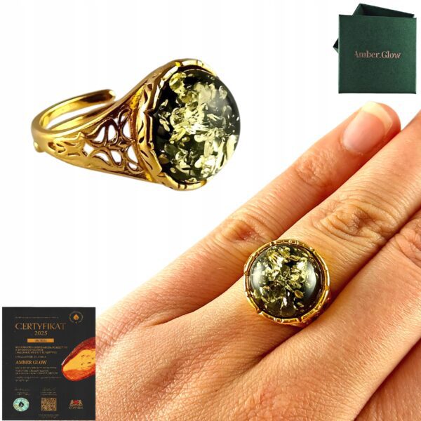 PIERŚCIONEK ZŁOTY REGULOWANY Z CERTYFIKOWANYM BURSZTYNEM – OKRĄGŁY KORONKOWY – SREBRO POZŁACANE 925