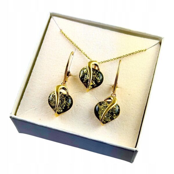 ZŁOTE KOLCZYKI WISIOREK z CERTYFIKOWANYM BURSZTYNEM SERCE KOMPLET SREBRO