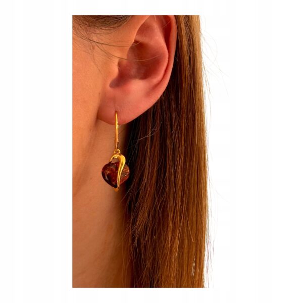 ZŁOTE KOLCZYKI WISIOREK z CERTYFIKOWANYM BURSZTYNEM SERCE KOMPLET SREBRO