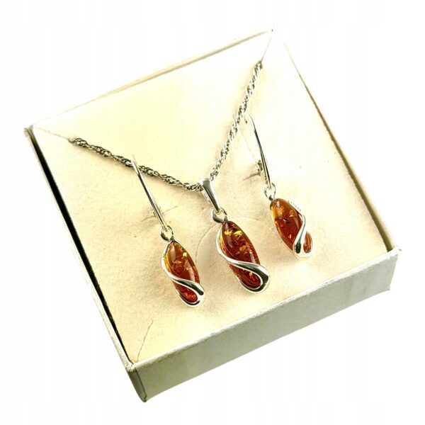 KOMPLET Kolczyki Wisiorek z CERTYFIKOWANYM Bursztynem PIĘKNY SREBRO 925