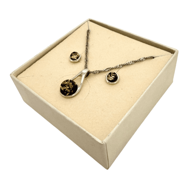 Delikatny komplet - Kolczyki i wisiorek srebrny z zielonym bursztynem