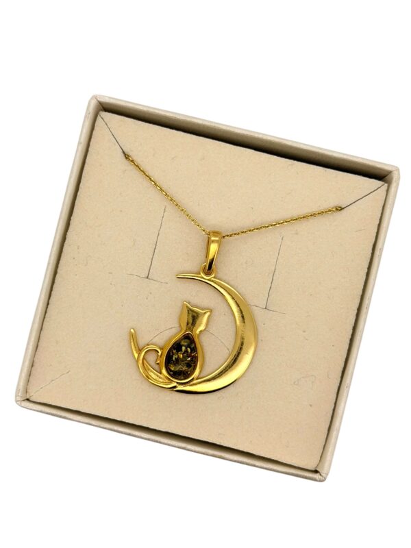 WISIOREK ZŁOTY z CERTYFIKOWANYM Bursztynem KOT Piękny Srebro Pozłacane 925