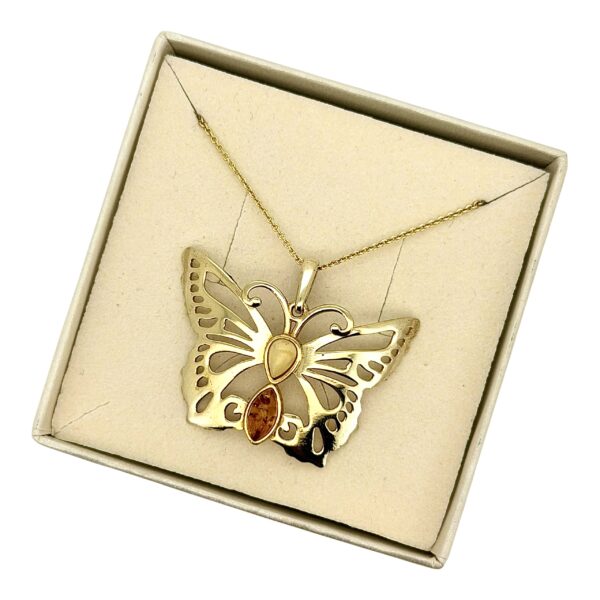 WISIOREK ZŁOTY MOTYL Z CERTYFIKOWANYM BURSZTYNEM SREBRO POZŁACANE 925