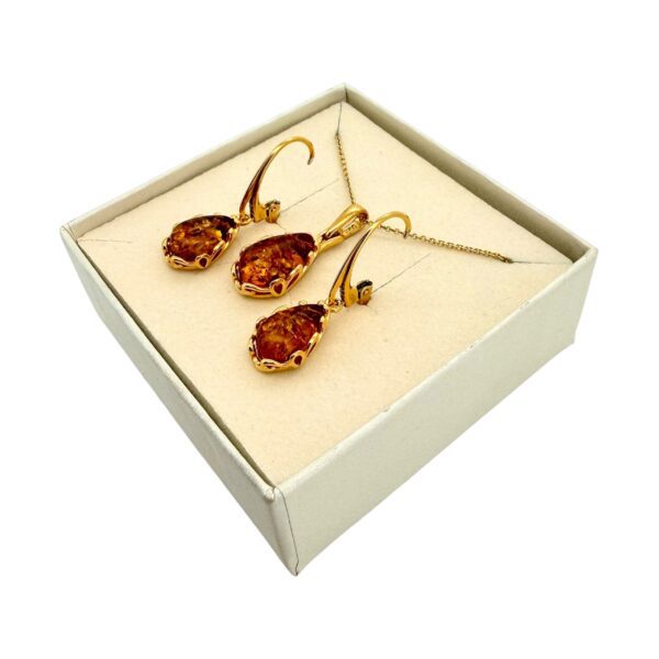 KOMPLET Kolczyki Wisiorek ZŁOTY CERTYFIKOWANYM Bursztynem SREBRO POZŁACANE