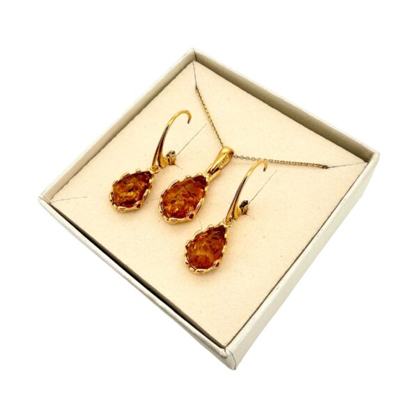 KOMPLET Kolczyki Wisiorek ZŁOTY CERTYFIKOWANYM Bursztynem SREBRO POZŁACANE