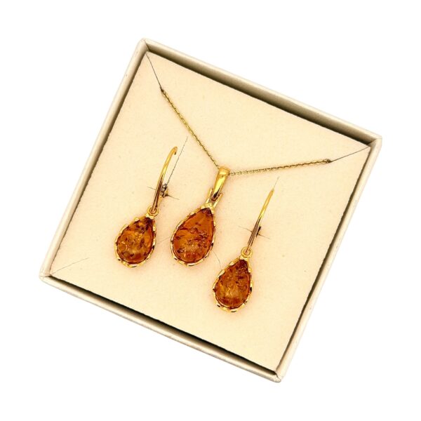 KOMPLET Kolczyki Wisiorek ZŁOTY CERTYFIKOWANYM Bursztynem SREBRO POZŁACANE