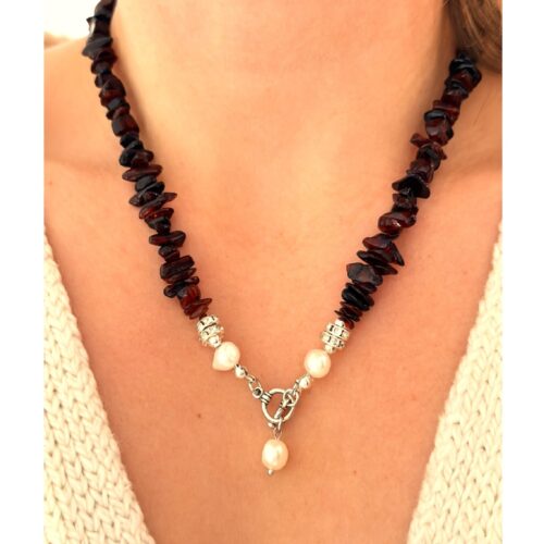 NASZYJNIK z CERTYFIKOWANYM BURSZTYNEM i PERŁAMI Ręcznie Wykonany