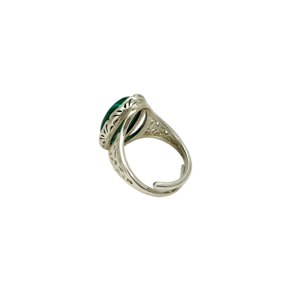 PIERŚCIONEK SREBRNY REGULOWANY Z MALACHITEM – OWALNY KORONKOWY  – SREBRO 925