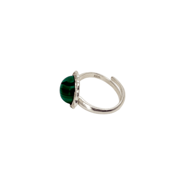 PIERŚCIONEK SREBRNY REGULOWANY Z MALACHITEM – OKRĄGŁY – SREBRO 925