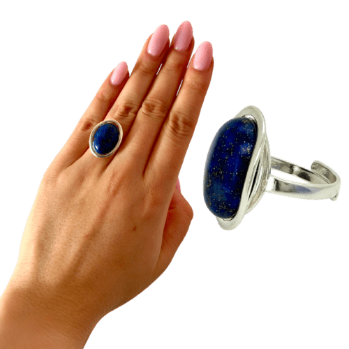 PIERŚCIONEK SREBRNY REGULOWANY Z LAPISEM LAZULI – OWALNY – SREBRO 925