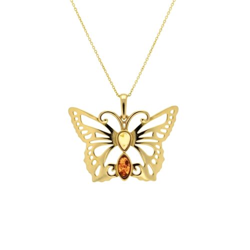 WISIOREK ZŁOTY MOTYL Z CERTYFIKOWANYM BURSZTYNEM SREBRO POZŁACANE 925