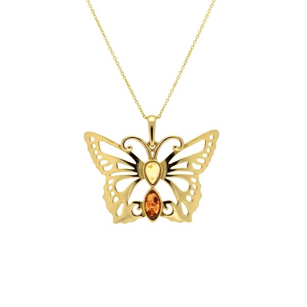 WISIOREK ZŁOTY MOTYL Z CERTYFIKOWANYM BURSZTYNEM SREBRO POZŁACANE 925