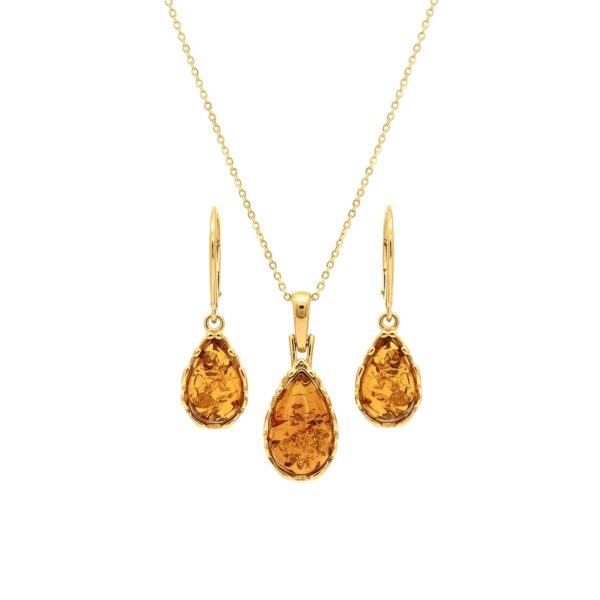 KOMPLET Kolczyki Wisiorek ZŁOTY CERTYFIKOWANYM Bursztynem SREBRO POZŁACANE