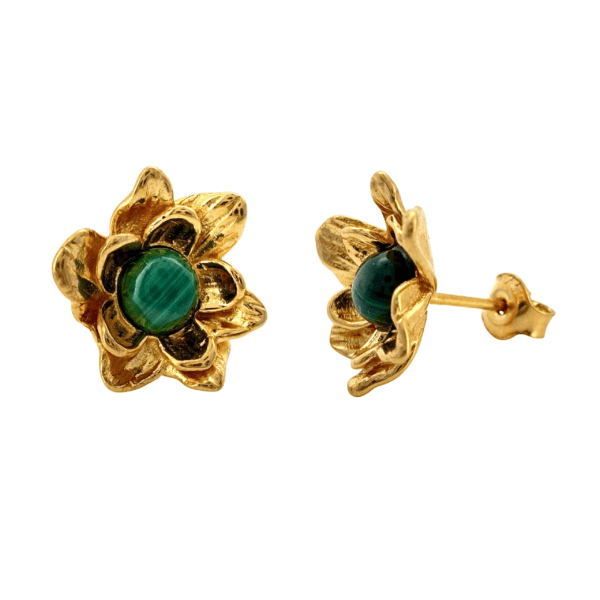 KOLCZYKI ZŁOTE z MALACHITEM – KWIATKI – SREBRO POZŁACANE 925