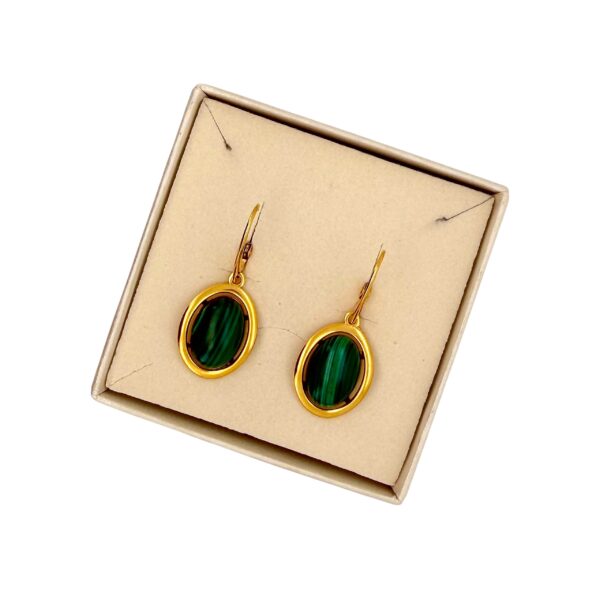 KOLCZYKI ZŁOTE z DUŻYM MALACHITEM – SREBRO POZŁACANE 925 – ZAPIĘCIE ANGIELSKIE