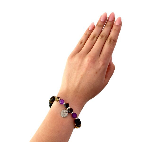 BRANSOLETKA Z CERTYFIKOWANYM BURSZTYNEM I AMETYSTEM NA GUMCE