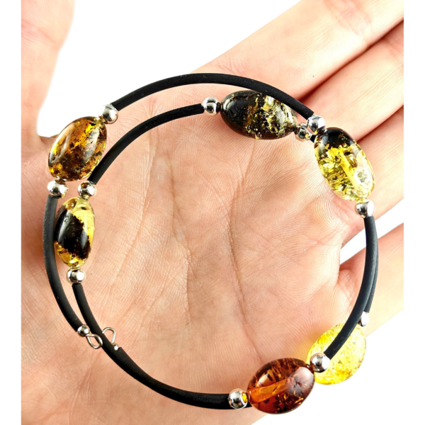 Bransoletka srebrna ze stali z certyfikowanym bursztynem - regulowana